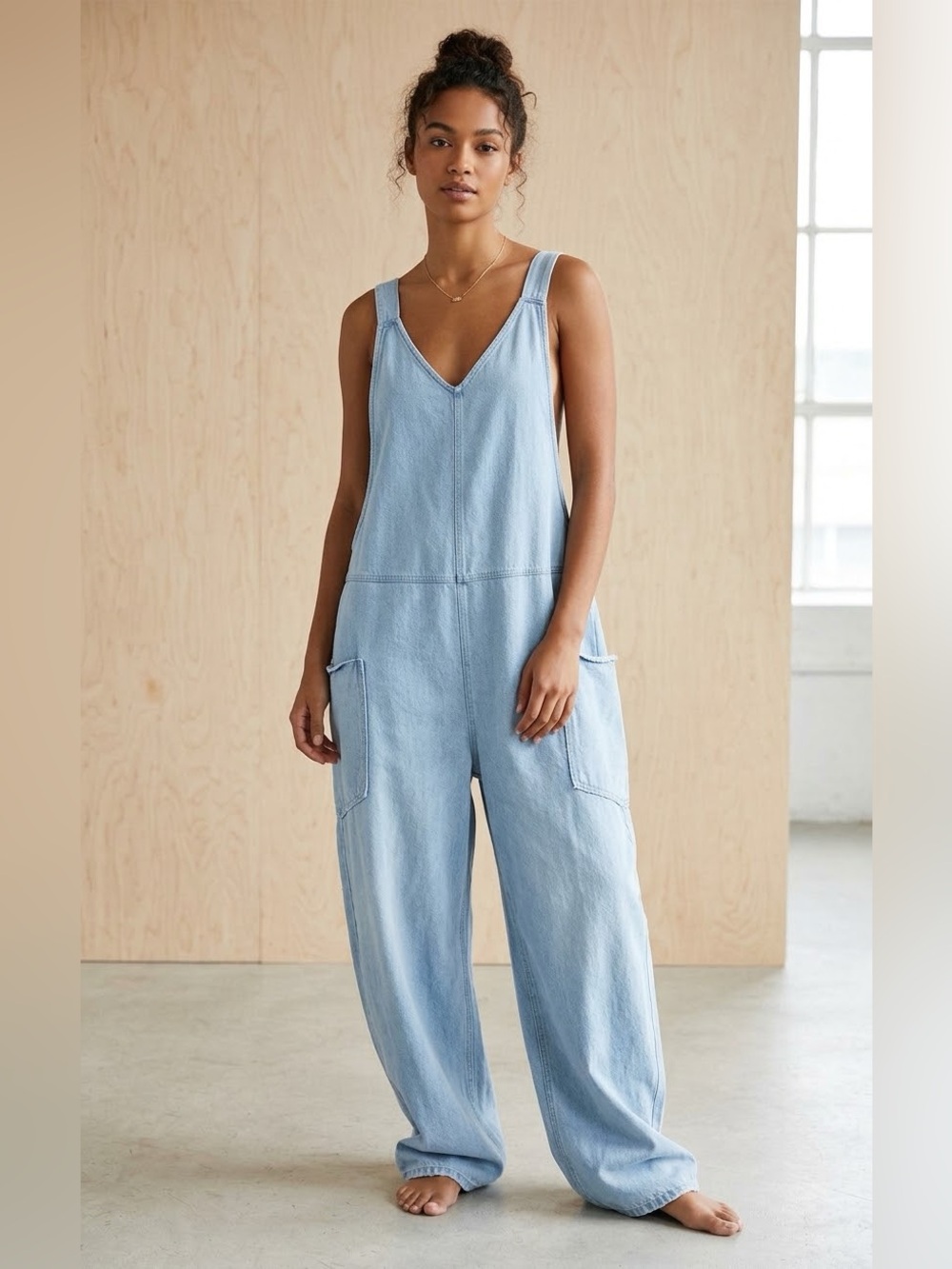 Halara Flex V Neck Denim Overalls Jumpsuit Size L Reg EUC